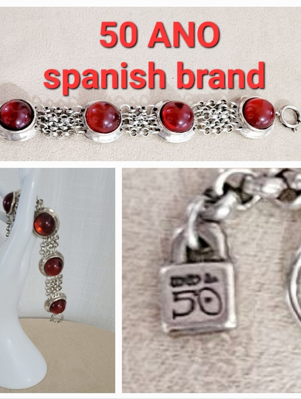 50 ANO  Silver-Tone Bracelet with Deep Red Cabochons